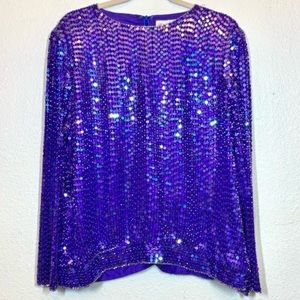 Vintage Rina diMontella Exquisite Silk Sequin Long Sleeve Blouse Top Purple 16